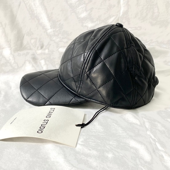 STAND STUDIO Black Faux Leather Quilted Cap - Picture 7 of 16